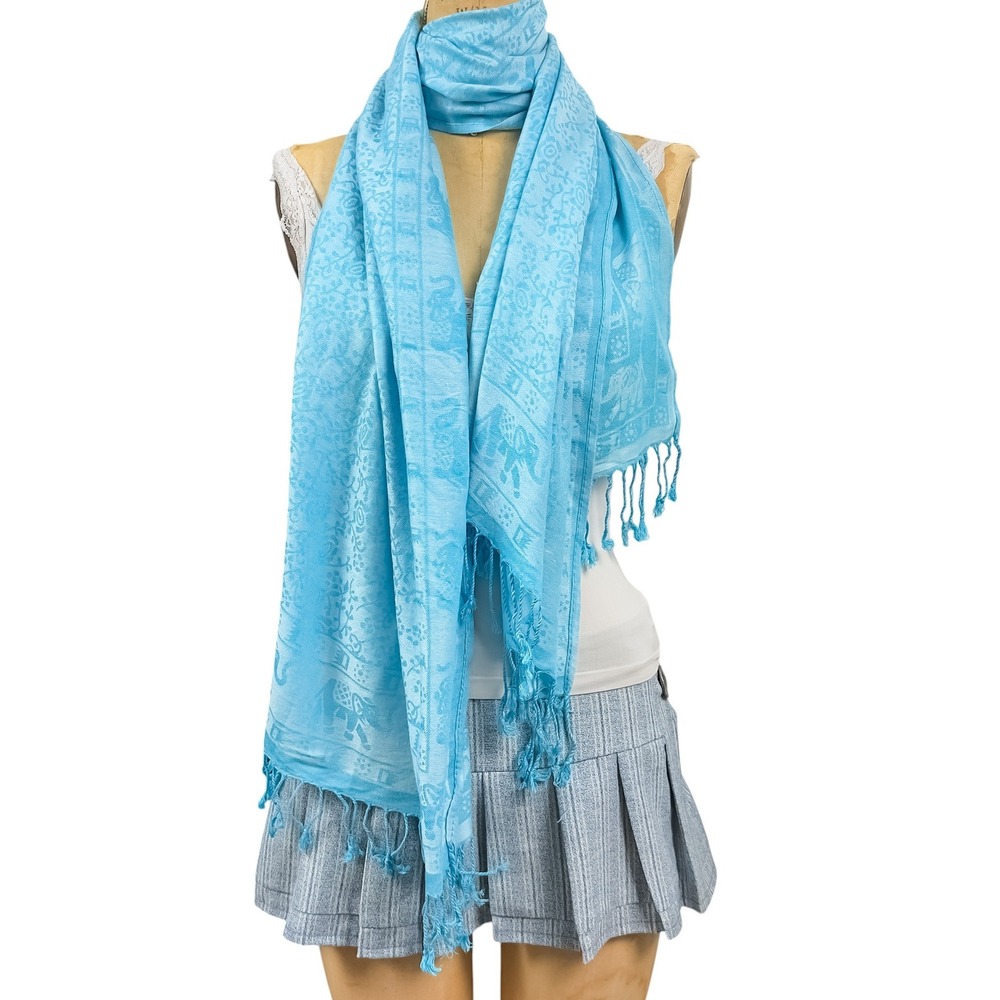 Boho Elephant Cashmere Pashmina Scarf Shawl Sky Blue Fringe Ethereal Timeless
